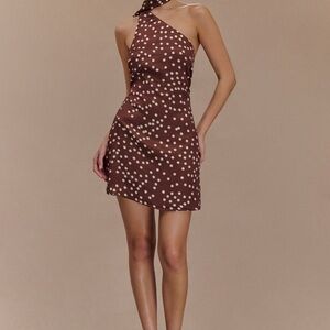 Meshki Brown Polka Dot One Shoulder Dress